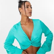 Green - Jack Wills - Satin Tie Back Long Sleeve Crop Top